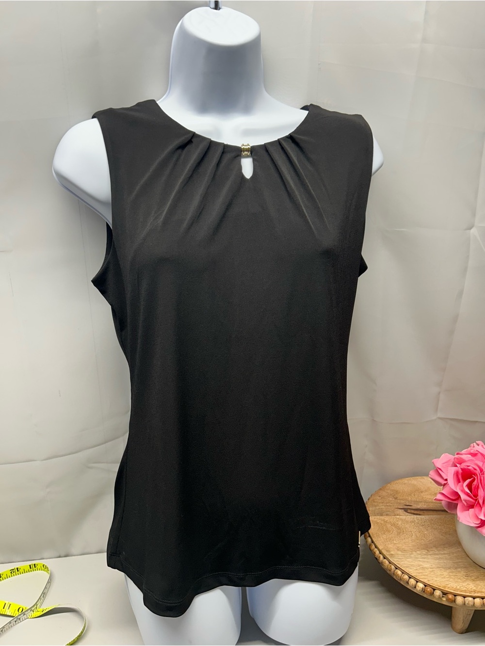 Ivanka Trump Black Sleeveless Keyhole Camisole with Gold Accent